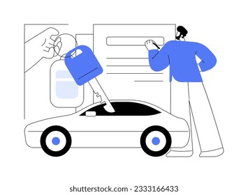 Car leasing abstract concept vector illustration. Car dealer giving keys from new car to customer, transport leasing services, distributorship company, successful deal abstract metaphor.