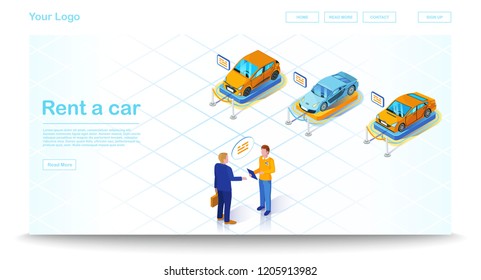 Car leasing isometric illustration. Vehicle rental and purchase. Automobile lease infographic. Dealership salon and showroom. Car rental deals. Website, banner design. Isolated vector