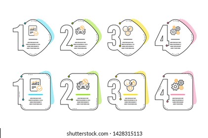 Car leasing, Like and Checked calculation icons simple set. Cogwheel sign. Transport discount, Social media likes, Statistical data. Engineering tool. Technology set. Infographic timeline. Vector