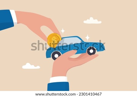 Car leasing or car loan, borrow money to buy new car, rental or auto maintenance cost, debt, purchase or buy new vehicle concept, businessman hand owner put dollar money coin into new car.