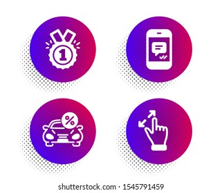 Car leasing, Message and Approved icons simple set. Halftone dots button. Touchscreen gesture sign. Transport discount, Phone messenger, Winner badge. Zoom in. Business set. Vector