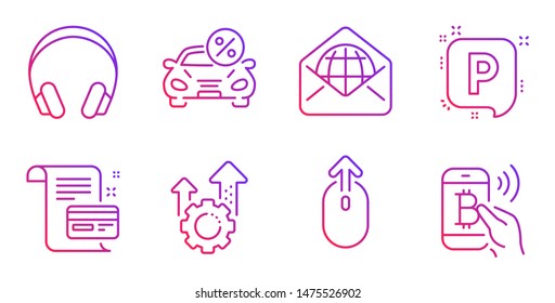 Car leasing, Payment card and Swipe up line icons set. Parking, Headphones and Seo gear signs. Web mail, Bitcoin pay symbols. Transport discount, Agreement conditions. Business set. Vector
