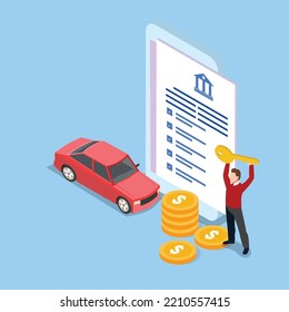 Alquiler de coches y compra 3d concepto de ilustración vectorial isométrica para banner, sitio web, página de aterrizaje, anuncios, plantilla de volante