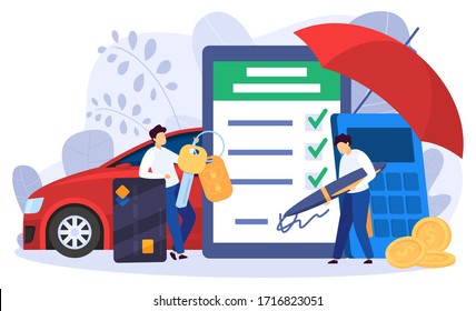 Car leasing and purchase concept, man signing deal, vector illustration. People buying car, cartoon characters. Bank loan agreement, property insurance, agent selling vehicle to customer