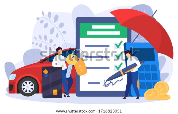 Car leasing and purchase concept, man signing\
deal, vector illustration. People buying car, cartoon characters.\
Bank loan agreement, property insurance, agent selling vehicle to\
customer