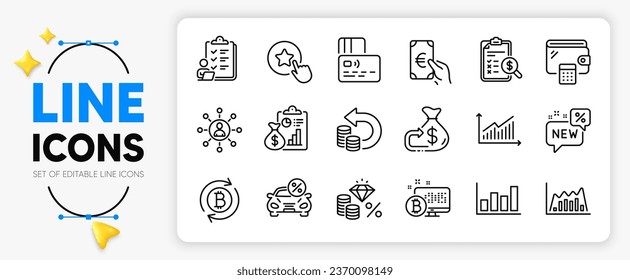 Car leasing, Report and Card line icons set for app include New, Cash back, Checklist outline thin icon. Finance, Wallet, Report diagram pictogram icon. Cashback, Loyalty star, Bitcoin system. Vector