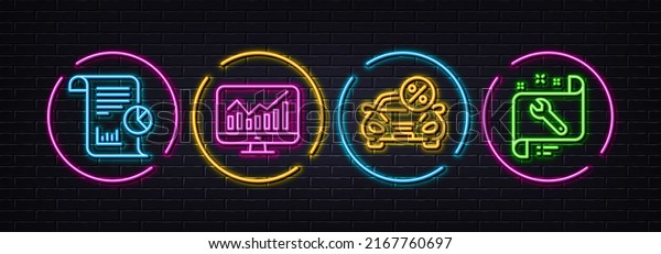 Car leasing, Report and Statistics minimal line
icons. Neon laser 3d lights. Spanner icons. For web, application,
printing. Transport discount, Work analysis, Financial report.
Repair service. Vector