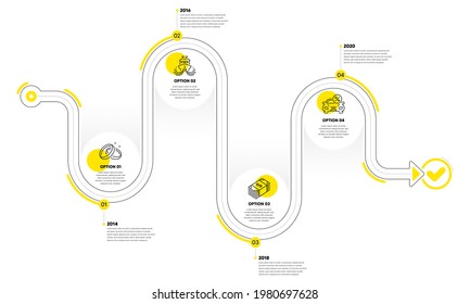 Car leasing, Ship and Wedding rings line icons set. Timeline plan infograph. Usd currency sign. Transport discount, Shipping watercraft, Love. Buying commerce. Business set. Vector