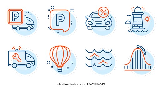 Car leasing, Truck parking and Roller coaster signs. Car service, Lighthouse and Waves line icons set. Parking, Air balloon symbols. Repair service, Beacon tower. Transportation set. Vector