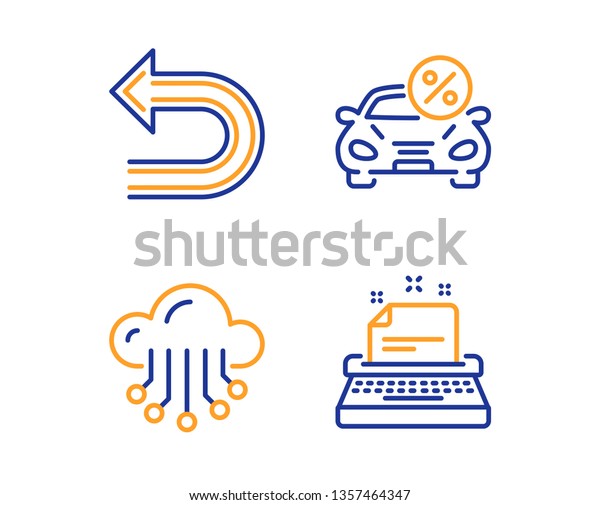 Car\
leasing, Undo and Cloud storage icons simple set. Typewriter sign.\
Transport discount, Left turn, Data service. Instruction. Linear\
car leasing icon. Colorful design set.\
Vector