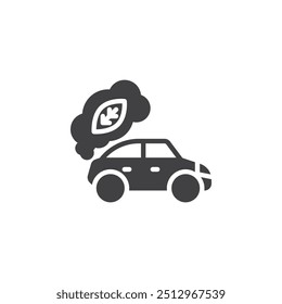 Carro com folhas saindo do ícone do vetor de exaustão. sinal plano preenchido para conceito móvel e web design. Ícone de glifo de carro ecologicamente correto. Símbolo, ilustração de logotipo. Gráficos vetoriais