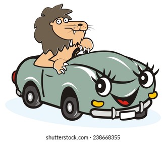 car and leo, vector funny illustration