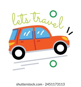 Car with lets travel typography, flat sticker 