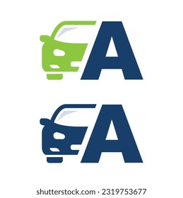 Coche con letra A, vector, logotipo, plantilla.  Símbolo de etiqueta de alfabeto para marca e identidad.