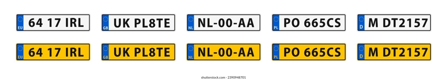 Car Licence Plates. Numberplate vector icons. Car registration numbers. European car licence plaates.