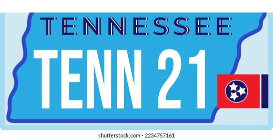 Car license plate from america, state tennessee, isolated on white vector illustration. Old american vintage cartoon car number with state symbol.