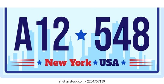 Car license plate from usa state, new york registration number vector illustration. American automobile vehicle registration symbol.