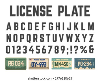 Car license plates alphabet. Vehicle registration signs and alphabet. Automobile license numbers abc font for transport plates vector set