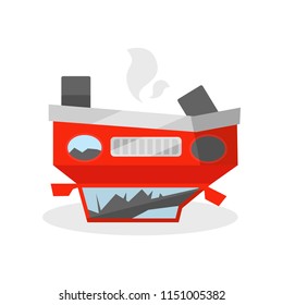 Car lies reverse on its the roof. Automobile after crash. Wrecked vehicle. Flat vector for promo poster or flyer of insurance company