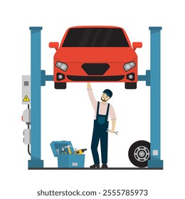 Car lift in garage. Car service and repair. Mechanic standing under the lower body and repairing car lifted on auto hoist. Front view. Auto repair service center. flat vector illustration