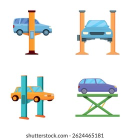 Car lift icons set cartoon vector. Car lift stand tower with automobile. Auto service, wheel replacement