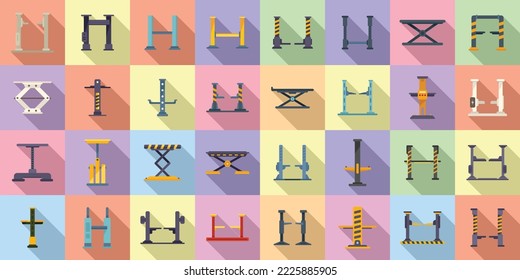 Car lift icons set flat vector. Auto garage. Station equipment