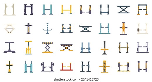 Car lift icons set flat vector. Auto garage. Station equipment isolated