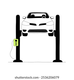 Elevación Del Coche Para El Mantenimiento En La Ilustración vectorial Plana Que Simboliza La Reparación Del Coche Y El Servicio Del Vehículo, Aislado En El Fondo Blanco