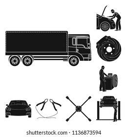 Car, lift, pump and other equipment black icons in set collection for design. Car maintenance station vector symbol stock illustration web.