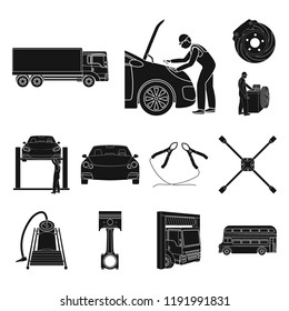 Car, lift, pump and other equipment black icons in set collection for design. Car maintenance station vector symbol stock illustration web.