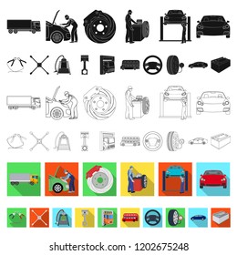 Car, lift, pump and other equipment flat icons in set collection for design. Car maintenance station vector symbol stock illustration web.