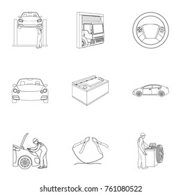Car, lift, pump and other equipment outline icons in set collection for design. Car maintenance station vector symbol stock illustration web.