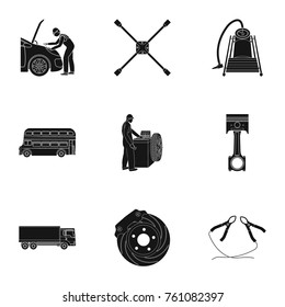 Car, lift, pump and other equipment black icons in set collection for design. Car maintenance station vector symbol stock illustration web.