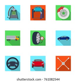 Car, lift, pump and other equipment flat icons in set collection for design. Car maintenance station vector symbol stock illustration web.