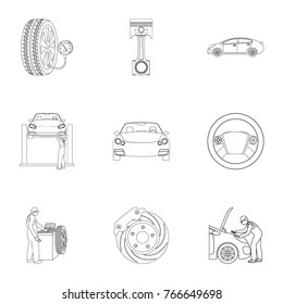 Car, lift, pump and other equipment outline icons in set collection for design. Car maintenance station vector symbol stock illustration web.