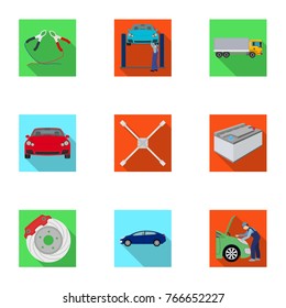 Car, lift, pump and other equipment flat icons in set collection for design. Car maintenance station vector symbol stock illustration web.