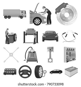 Car, lift, pump and other equipment monochrome icons in set collection for design. Car maintenance station vector symbol stock illustration web.