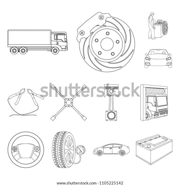 Car, lift, pump and other equipment outline icons in\
set collection for design. Car maintenance station vector symbol\
stock illustration web.