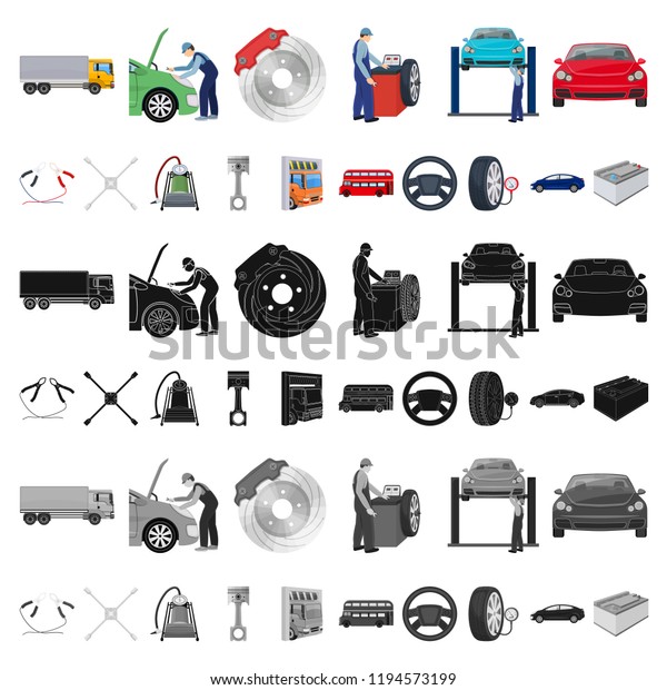 Car, lift, pump and other equipment cartoon icons in
set collection for design. Car maintenance station vector symbol
stock illustration web.