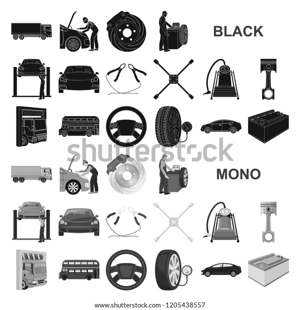 Car, lift, pump and other equipment black icons in
set collection for design. Car maintenance station vector symbol
stock illustration web.
