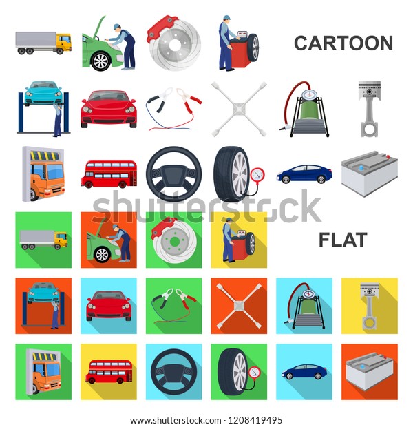 Car, lift, pump and other equipment cartoon icons in\
set collection for design. Car maintenance station vector symbol\
stock illustration web.