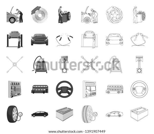 Car, lift, pump and other equipment\
mono,outline icons in set collection for design. Car maintenance\
station vector symbol stock illustration\
web.