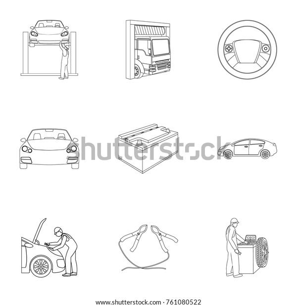 Car, lift, pump and other equipment outline icons in\
set collection for design. Car maintenance station vector symbol\
stock illustration web.