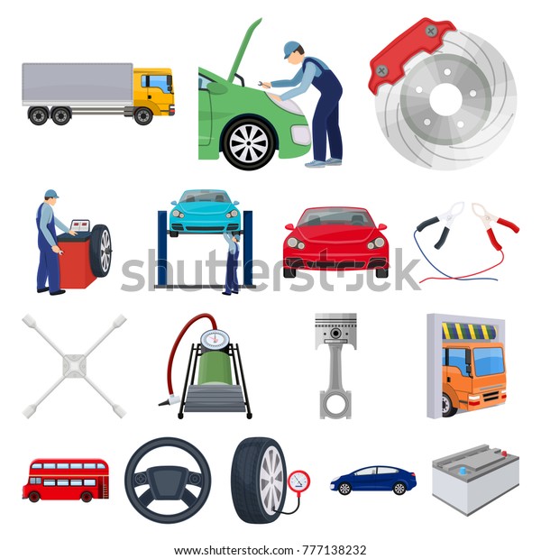 Car, lift, pump and other equipment cartoon icons in\
set collection for design. Car maintenance station vector symbol\
stock illustration web.
