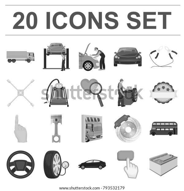 Car, lift, pump and other equipment\
monochrome icons in set collection for design. Car maintenance\
station vector symbol stock illustration\
web.