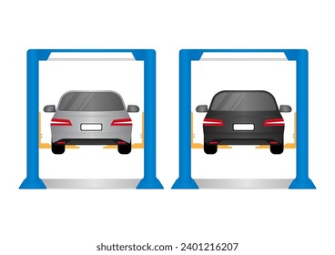 Car Lift. Car Repair and Service Center. Car Maintenance. Vector Illustration. 