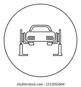 Car lift Car repair Service concept Car on fix lift Car lifted on auto lift icon in circle round outline black color vector illustration flat style image