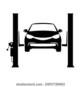 Car lift silhouette. Car on hoist icon. Auto repair service. EPS 10 Vector graphic isolated on white background.
