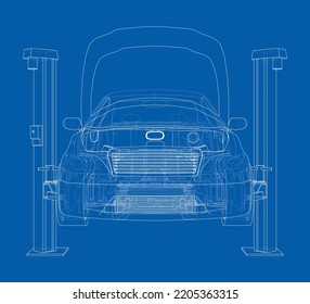 Car lift stand tower with car. Vector rendering of 3d. The layers of visible and invisible lines are separated