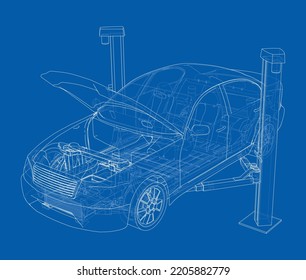 Car lift stand tower with car. Vector rendering of 3d. The layers of visible and invisible lines are separated